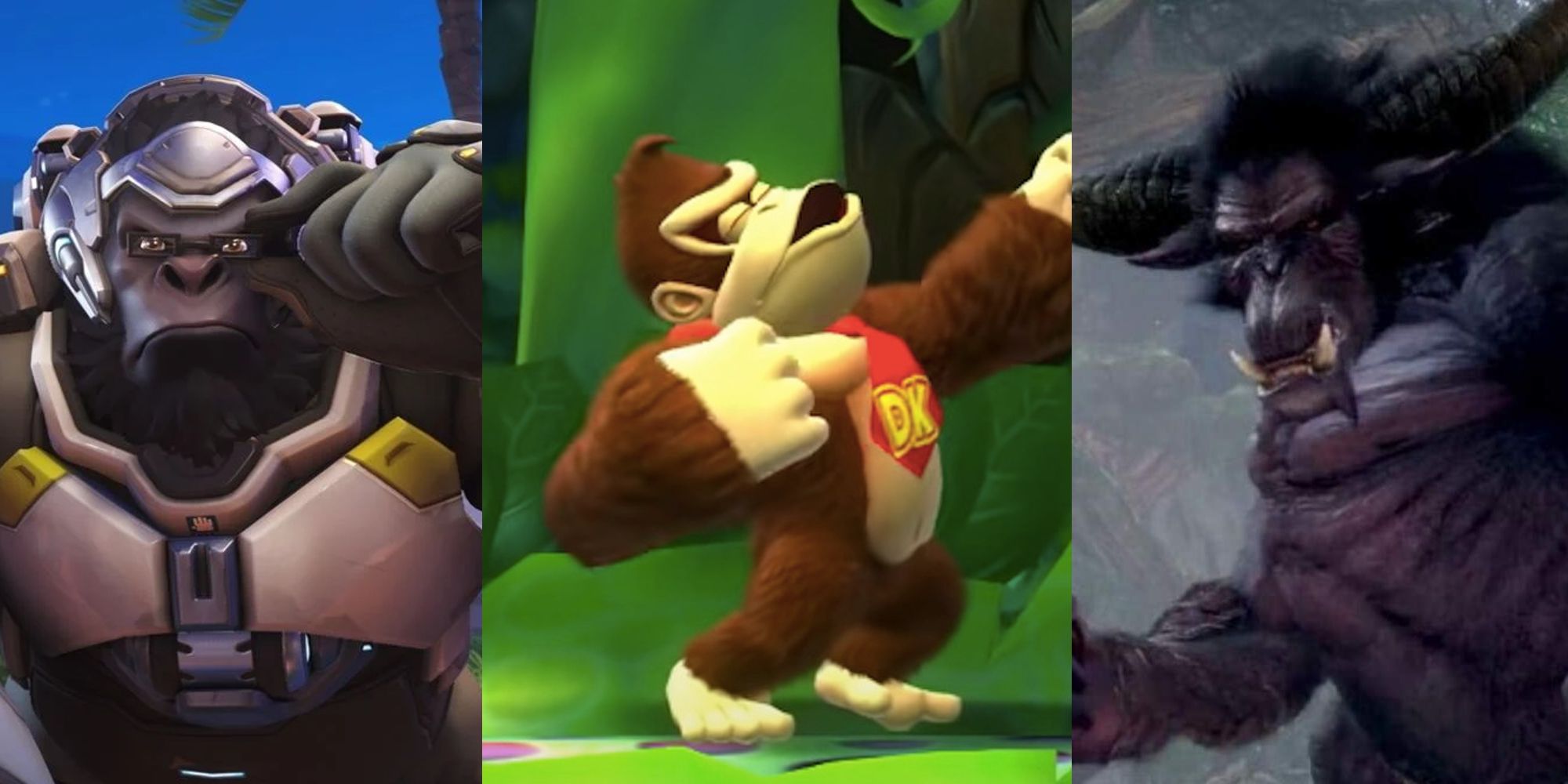 Winston adjusting his glasses in Overwatch; Donkey Kong at a level start in Donkey Kong Country Returns; a tame Rajang in Monster Hunter World