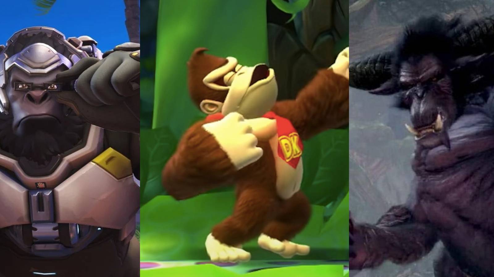 Winston adjusting his glasses in Overwatch; Donkey Kong at a level start in Donkey Kong Country Returns; a tame Rajang in Monster Hunter World