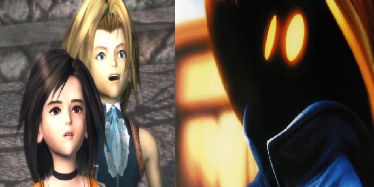 Final Fantasy 9 split image Vivi Zidane and Garnet looking up at the sky in Alexandria and Terra respectively