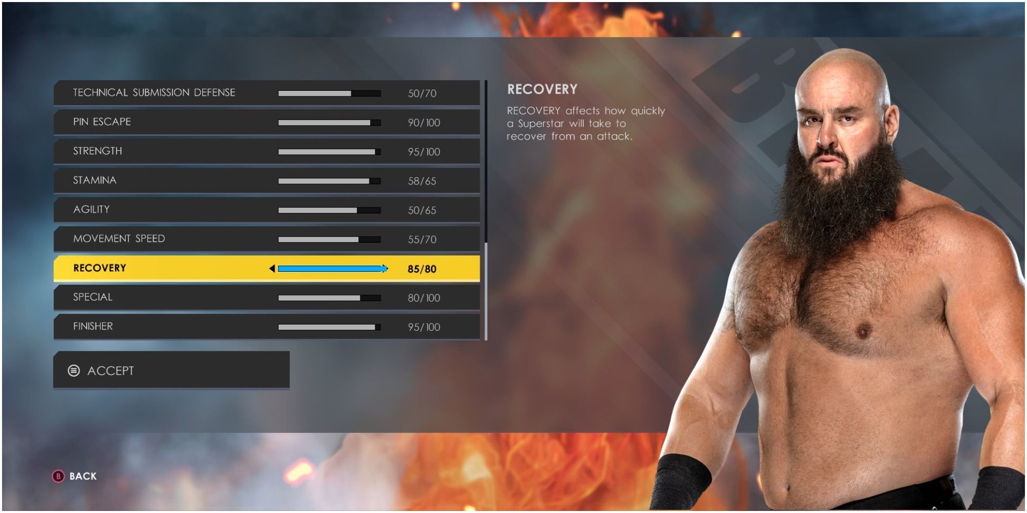 WWE 2K22 Braun's Attributes settings