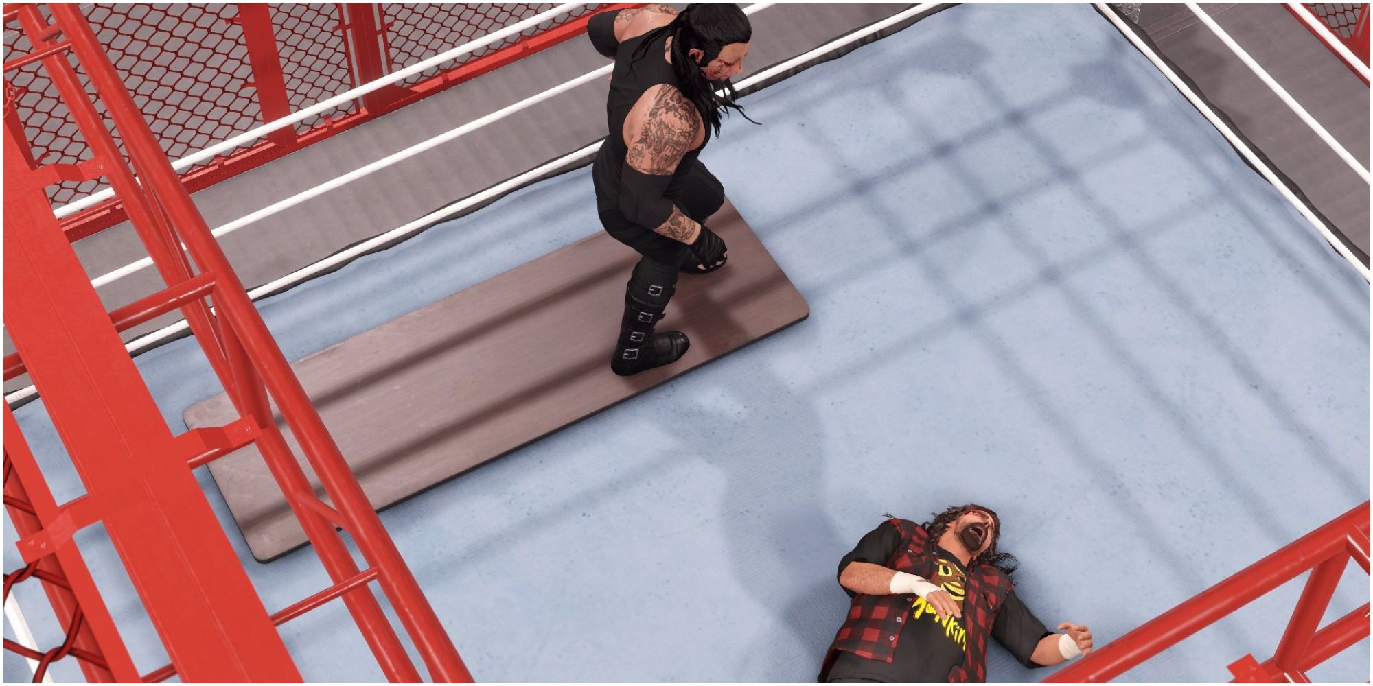 WWE 2K22 Foley fell through the cage roof