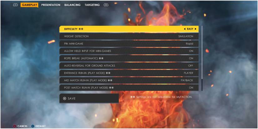 WWE 2K22 Gameplay settings menu