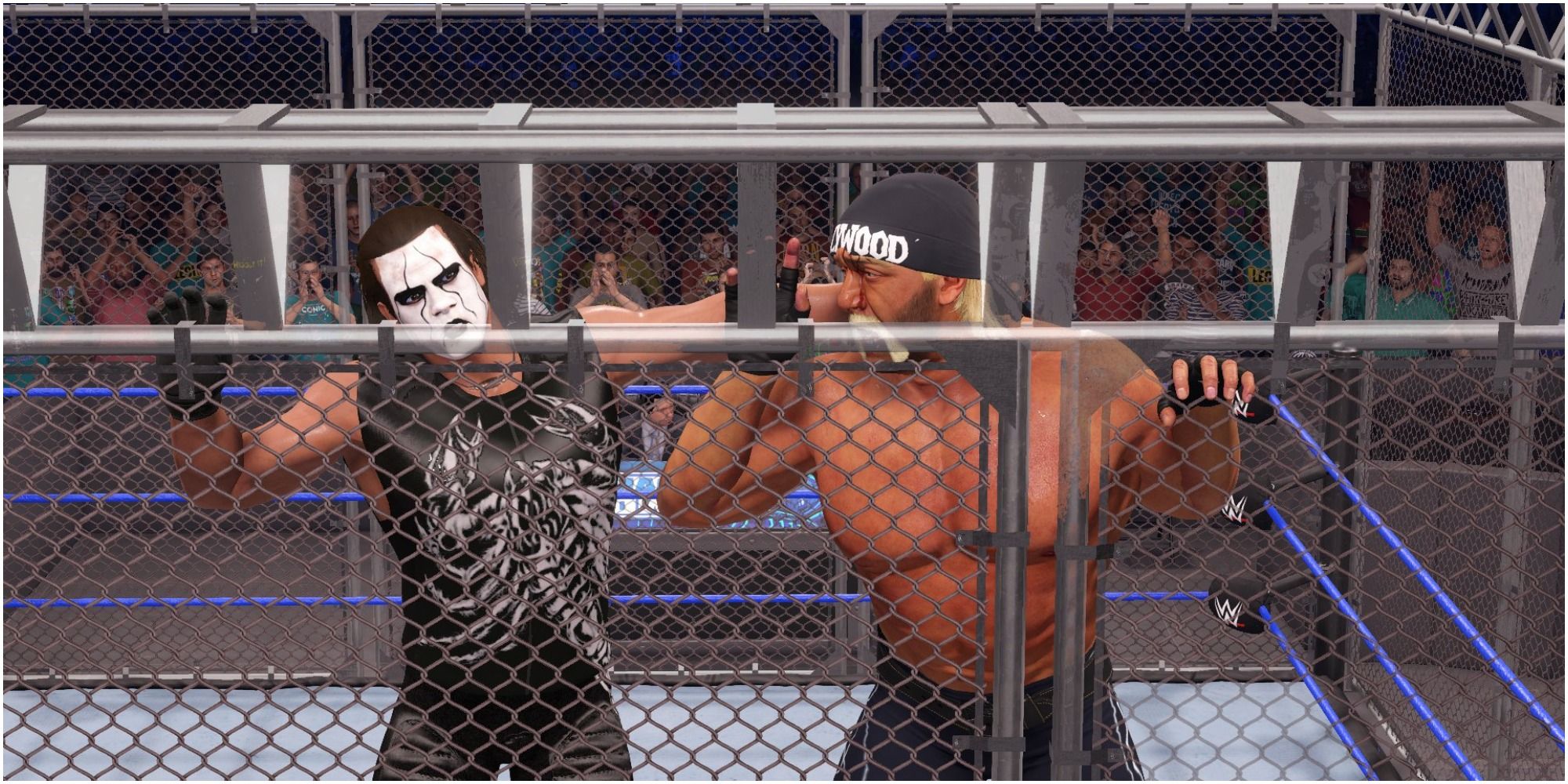 WWE 2K22 Hogan and Sting fighting on the cage wall