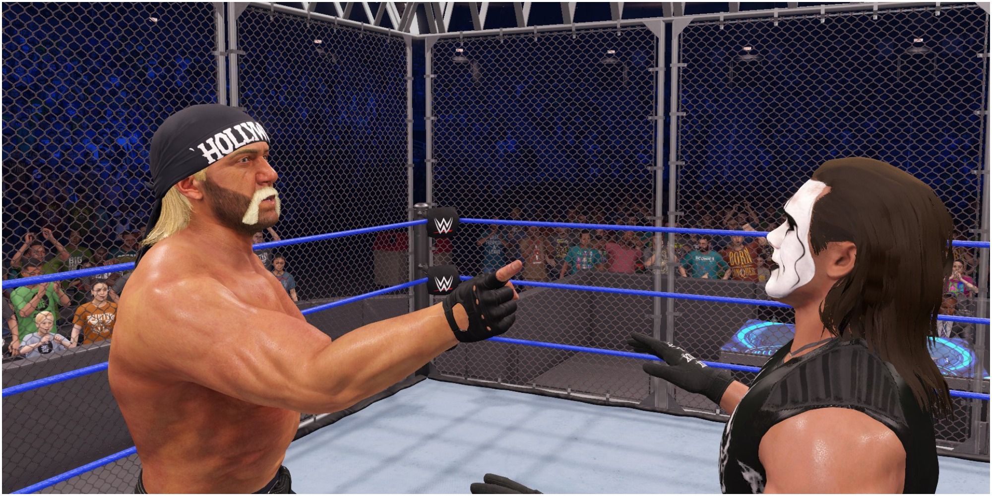 WWE 2K22 Hogan hulking up against Sting in the cage
