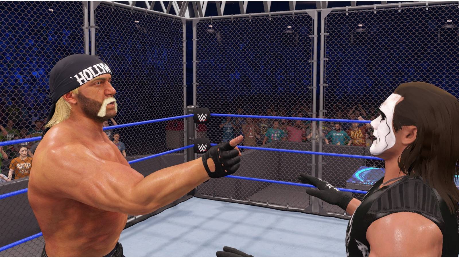 WWE 2K22 Hogan hulking up against Sting in the cage
