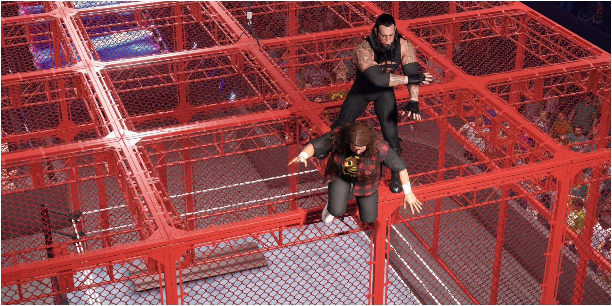 WWE 2K22 Taker throwing Foley from the cage