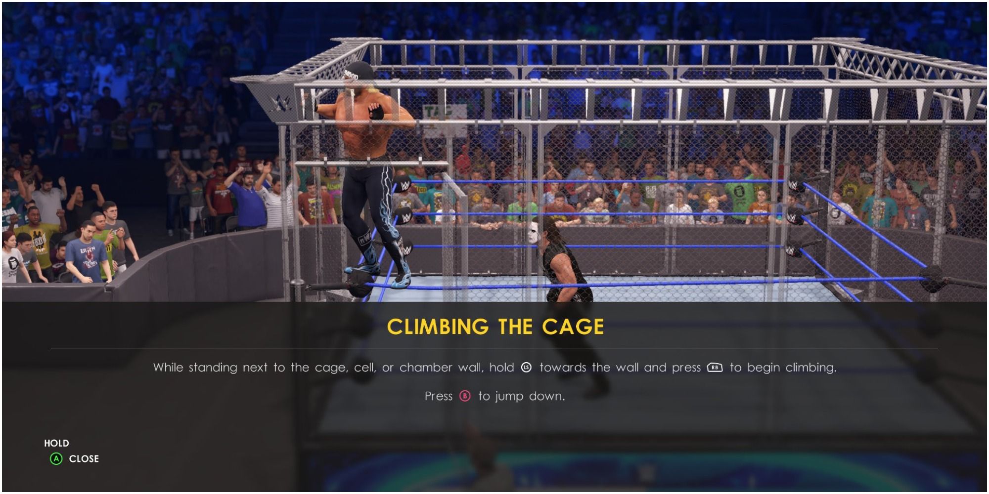 WWE 2K22 climbing the cage