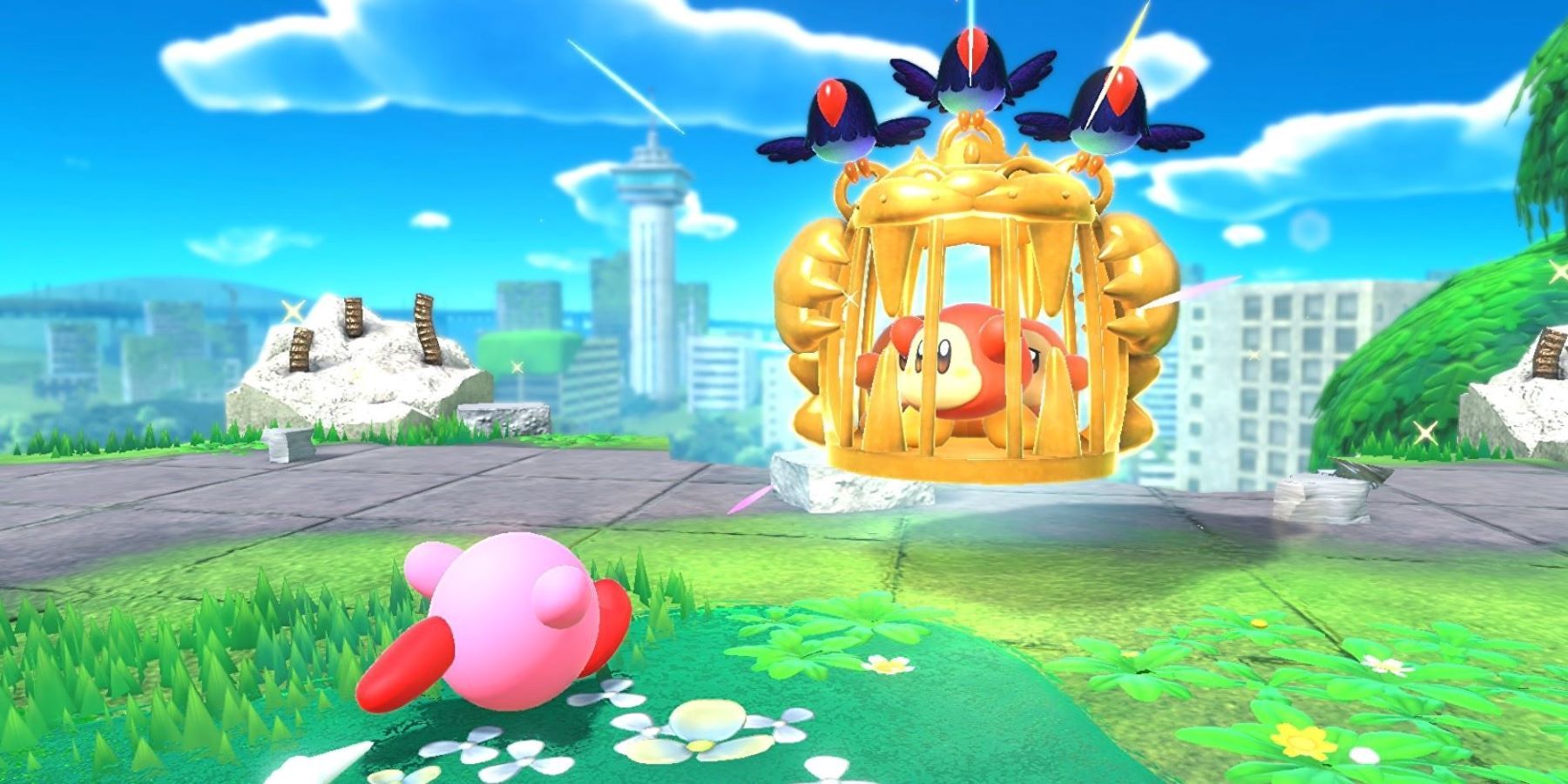 Kirby coming to save some caged Waddle Dees in Kirby and the Forgotten Land