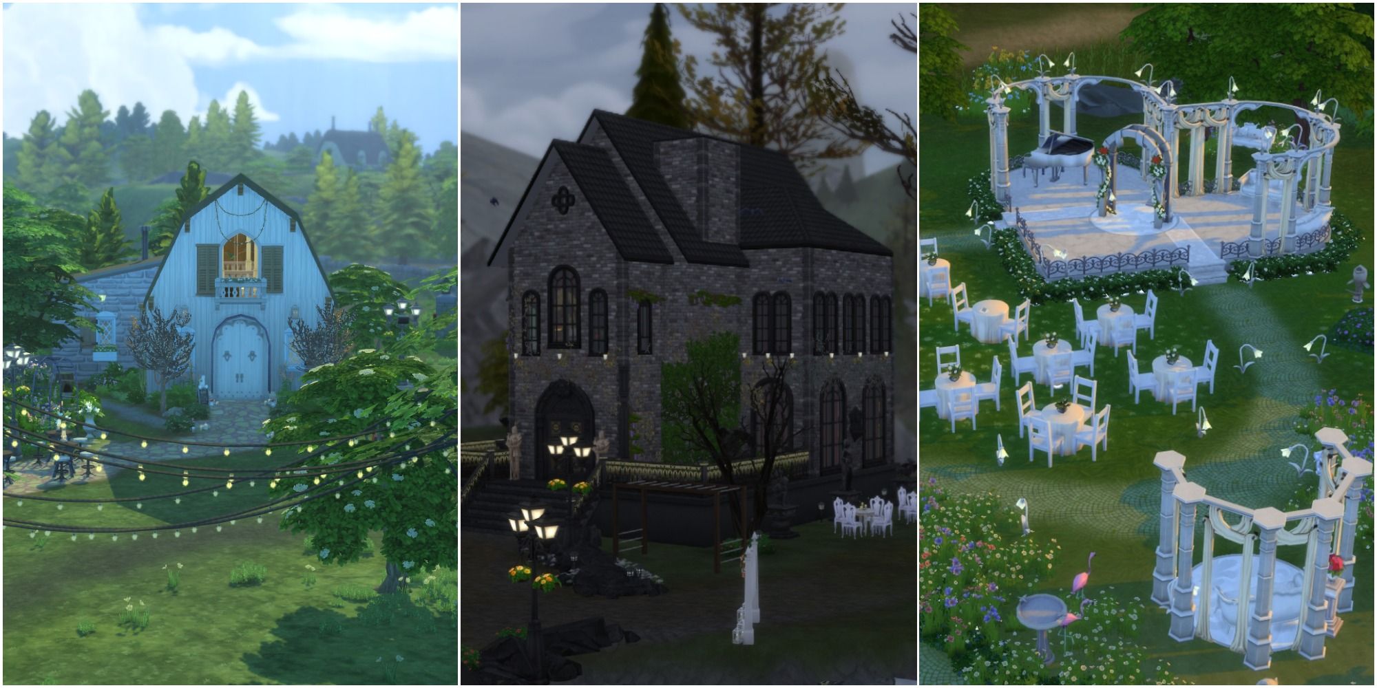 A split image featuring a cottage, a gothic church, and heart-shaped altar in The Sims 4