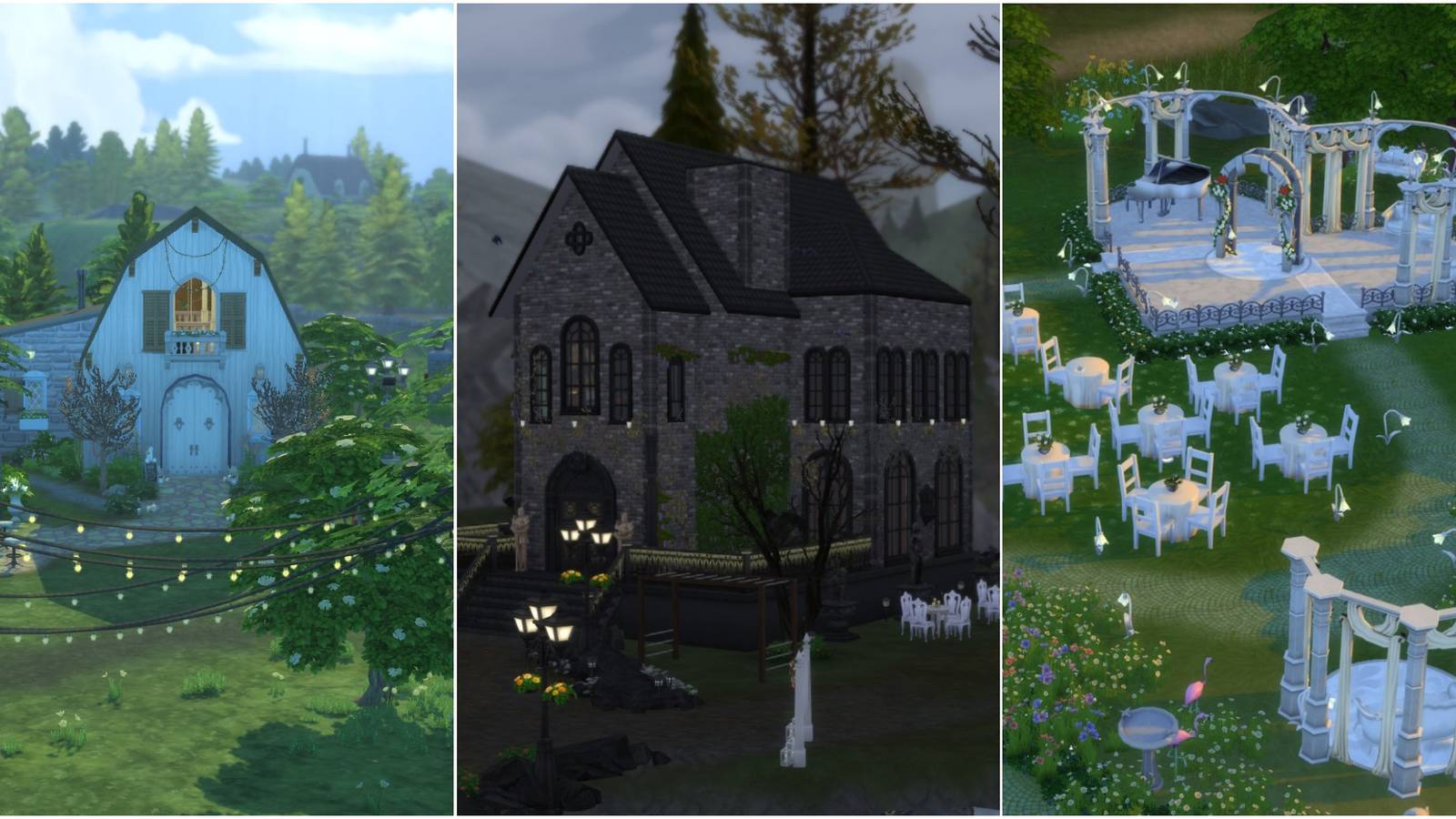 A split image featuring a cottage, a gothic church, and heart-shaped altar in The Sims 4