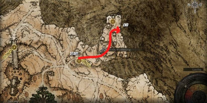 Map of Elden Ring showing a farming route in the Windmill Village