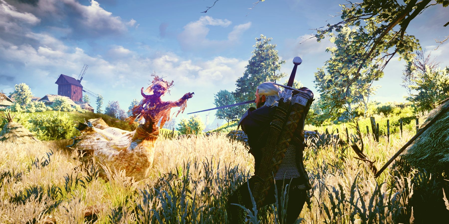 Witcher 3 Wild Hunt Geralt battling a Noonwraith field