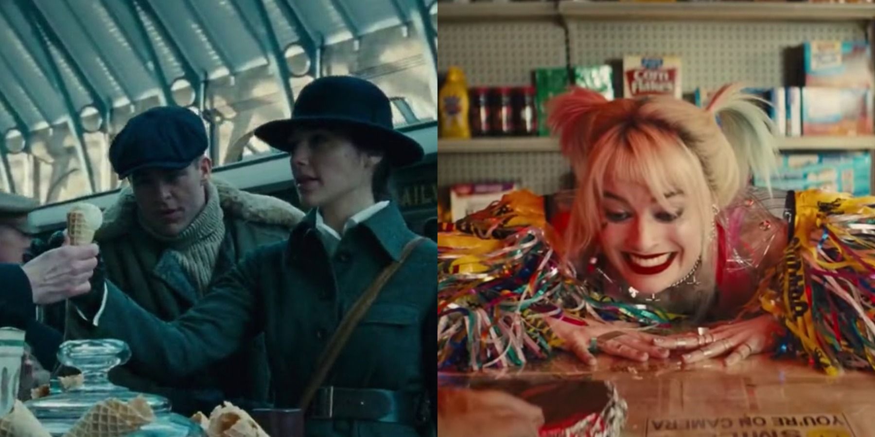 A split image features Diana getting ice cream in Wonder Woman and Harley Quinn waiting for her sandwich in Birds of Prey