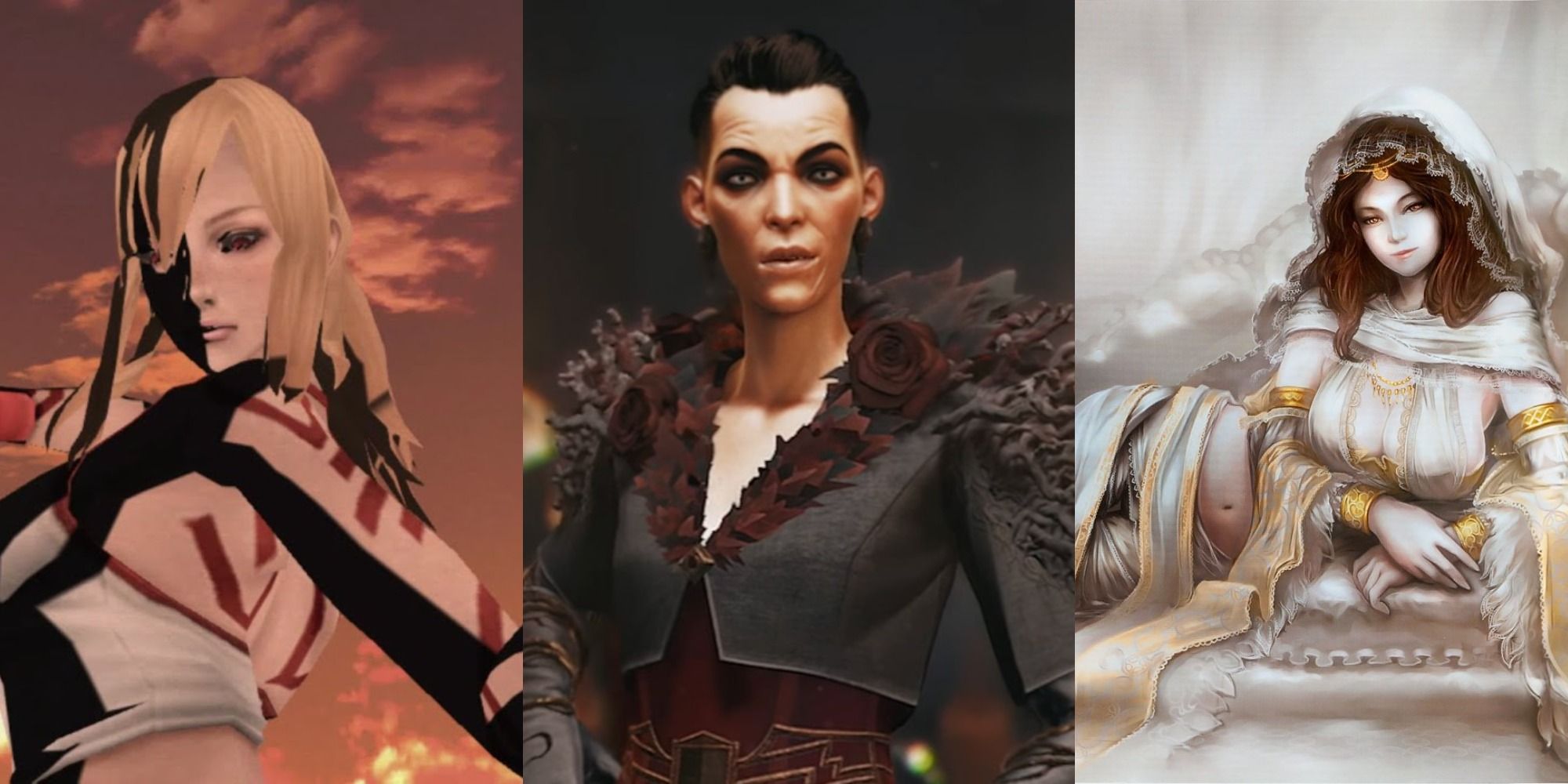 Worst Sisters in Gaming Split Featured Jeane from No More Heroes, Delilah from Dishonored, Gwynevere Dark Souls