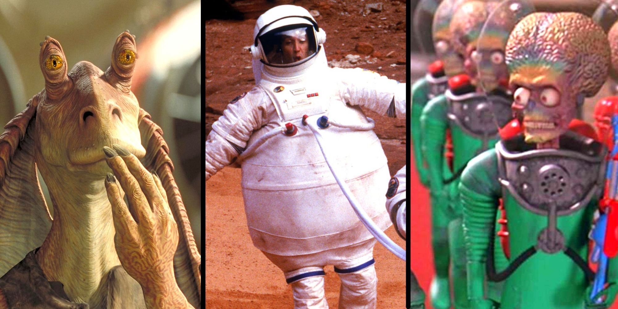 Jar Jar Binks Embarassed, Randall In A Bloated Space Suit, Invader Alien Looking Skeptical 