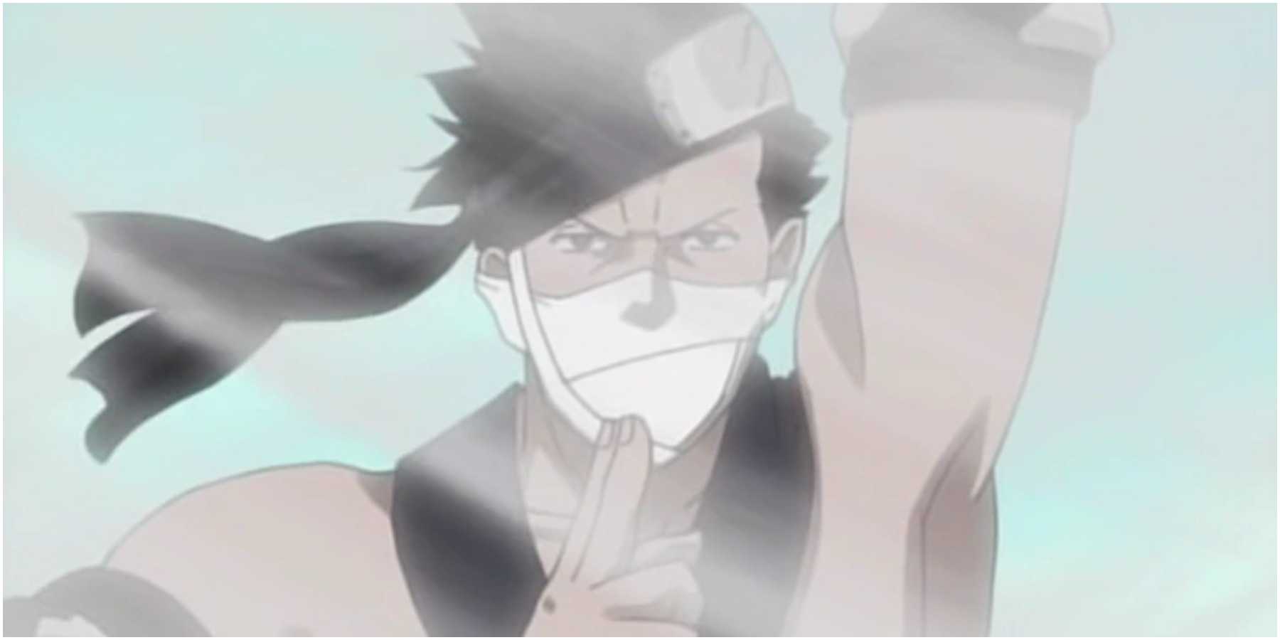 Zabuza uses the Hidden Mist Jutsu against Kakashi and Team 7 in Naruto.