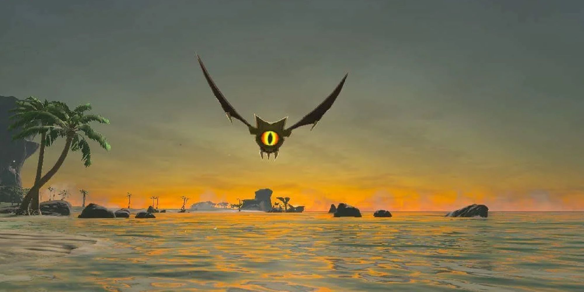 A Keese flying across water at sunset in Breath of the Wild