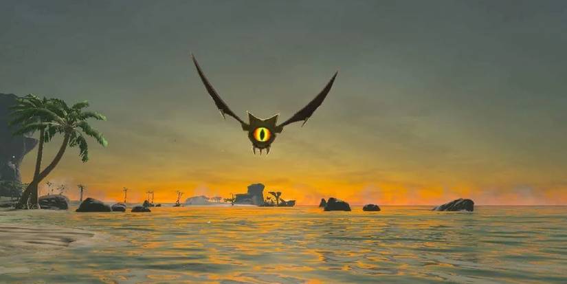 A Keese flying across water at sunset in Breath of the Wild