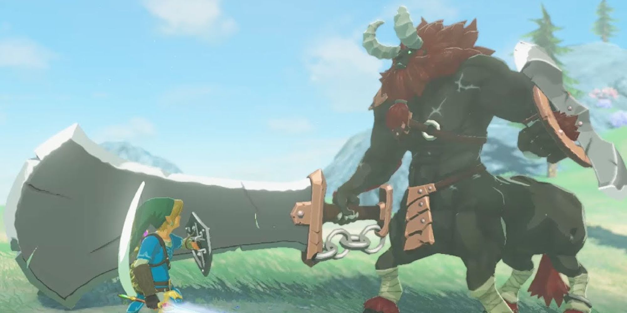 Link facing off against a Lynel with a massive sword and shield in Breath of the Wild