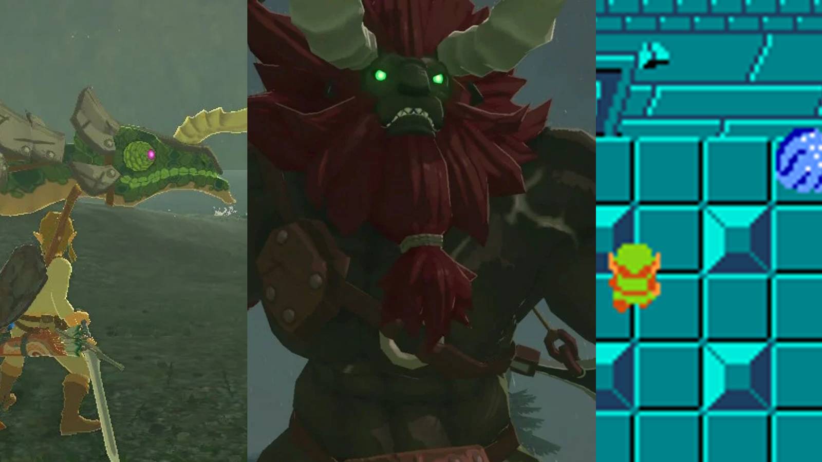 Link fighting a Lizalfos in Breath of the Wild; a close-up of a Lynel in Breath of the Wild; a Wallmaster appearing in Zelda NES