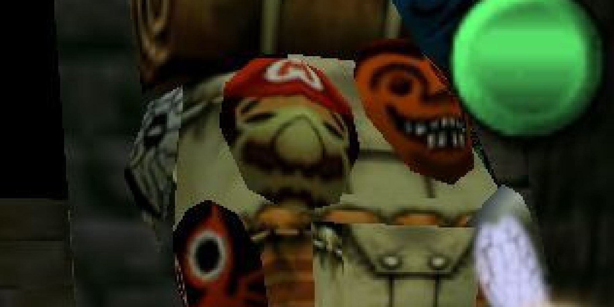 Mask of Mario's face on the back of the Happy Mask Salesman's bag
