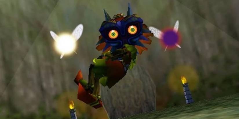 Skull Kid floating in mid-air next to his fairies, Tatl & Tael