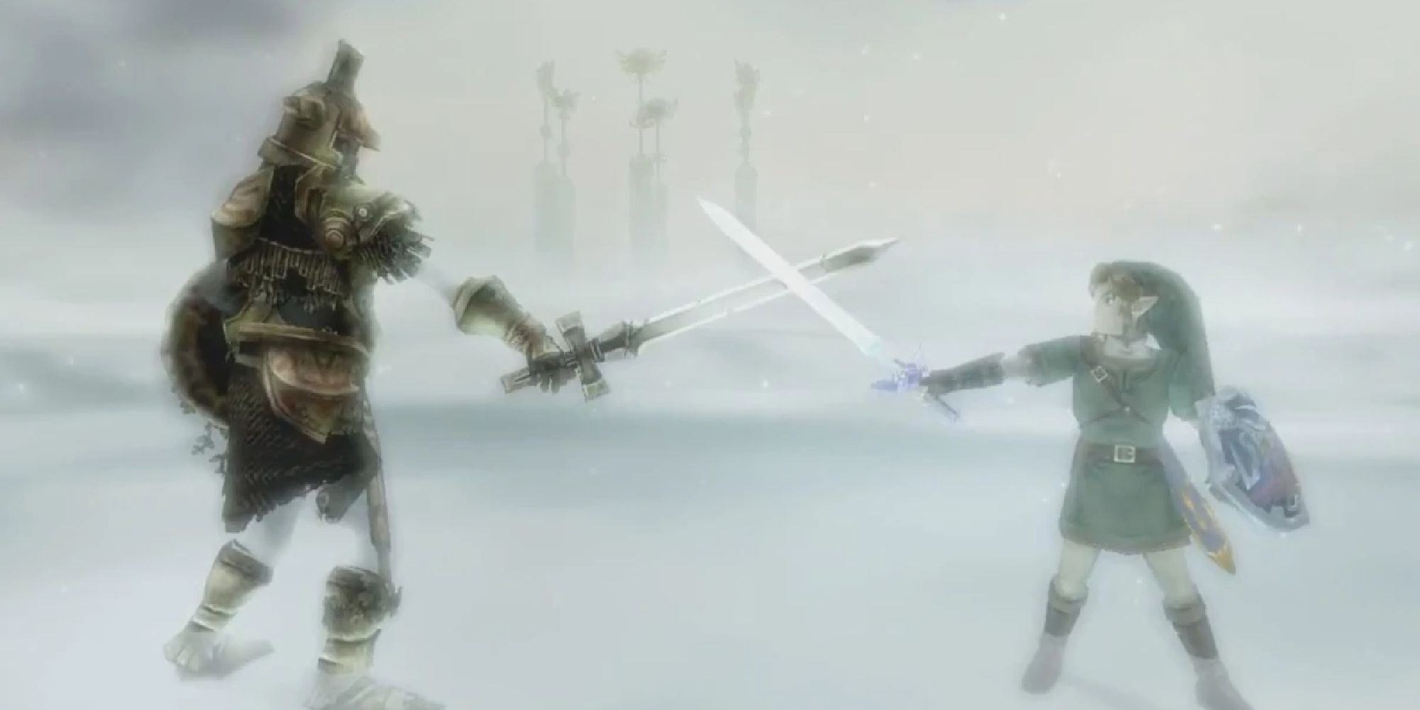 Link touching swords with the Hero's Spirit in Twilight Princess