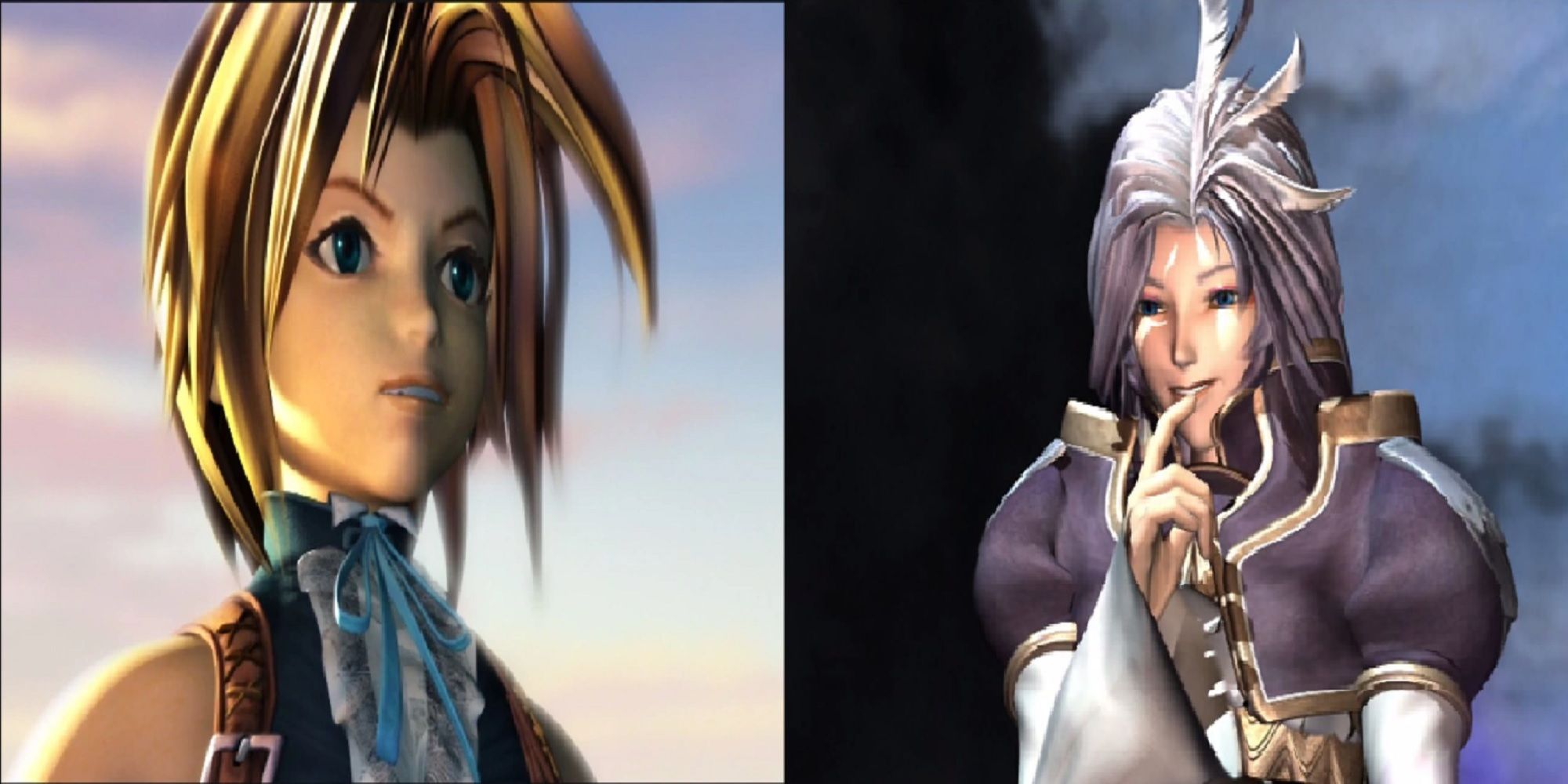 Final Fantasy 9 split image Zidane looking into the distance and Kuja looking down with a smirk
