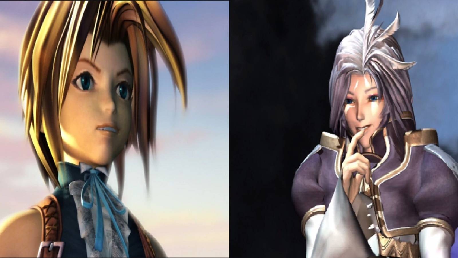 Final Fantasy 9 split image Zidane looking into the distance and Kuja looking down with a smirk