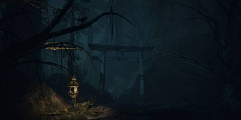 a lantern and an archway in forest in Ikai