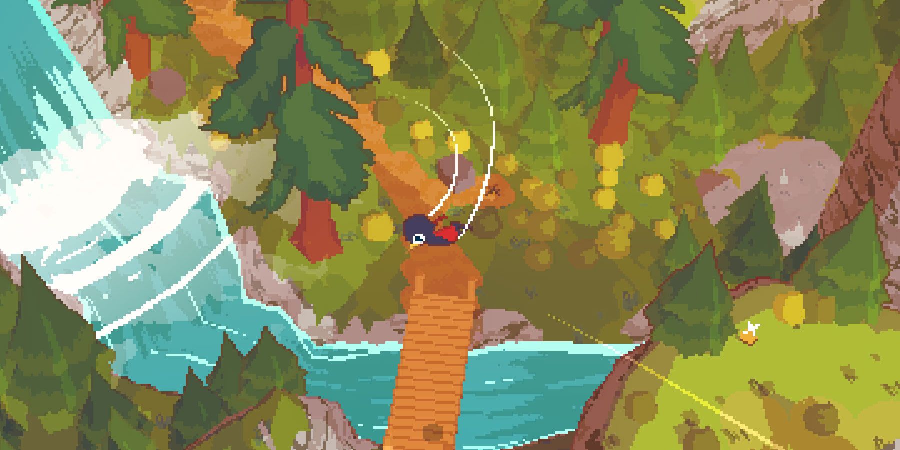 a-short-hike-video-game-bird-flying-through-forest-by-waterfall