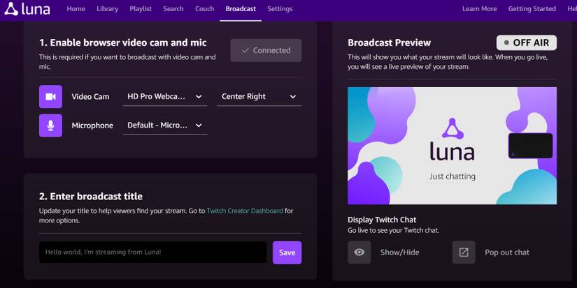 amazon luna broadcast twitch camera