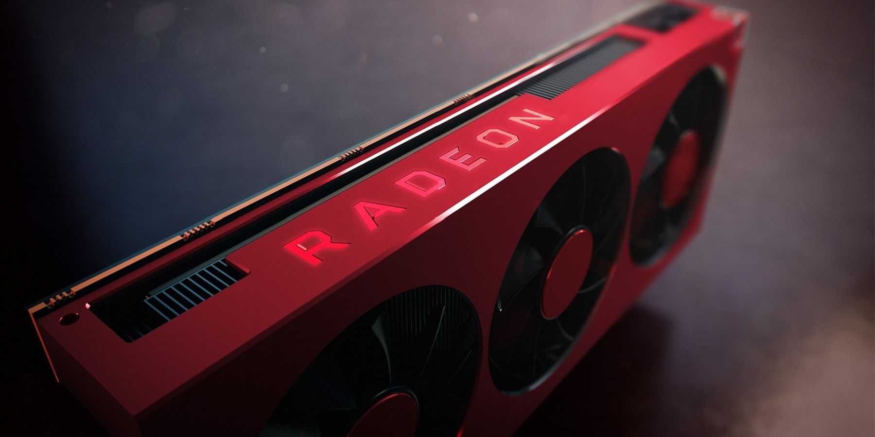 Photo of a red AMD Radeon graphics card.