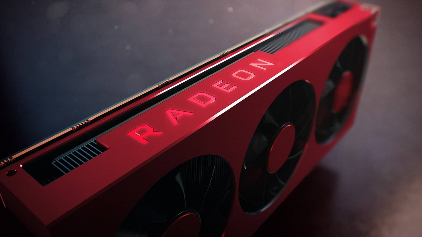 Photo of a red AMD Radeon graphics card.