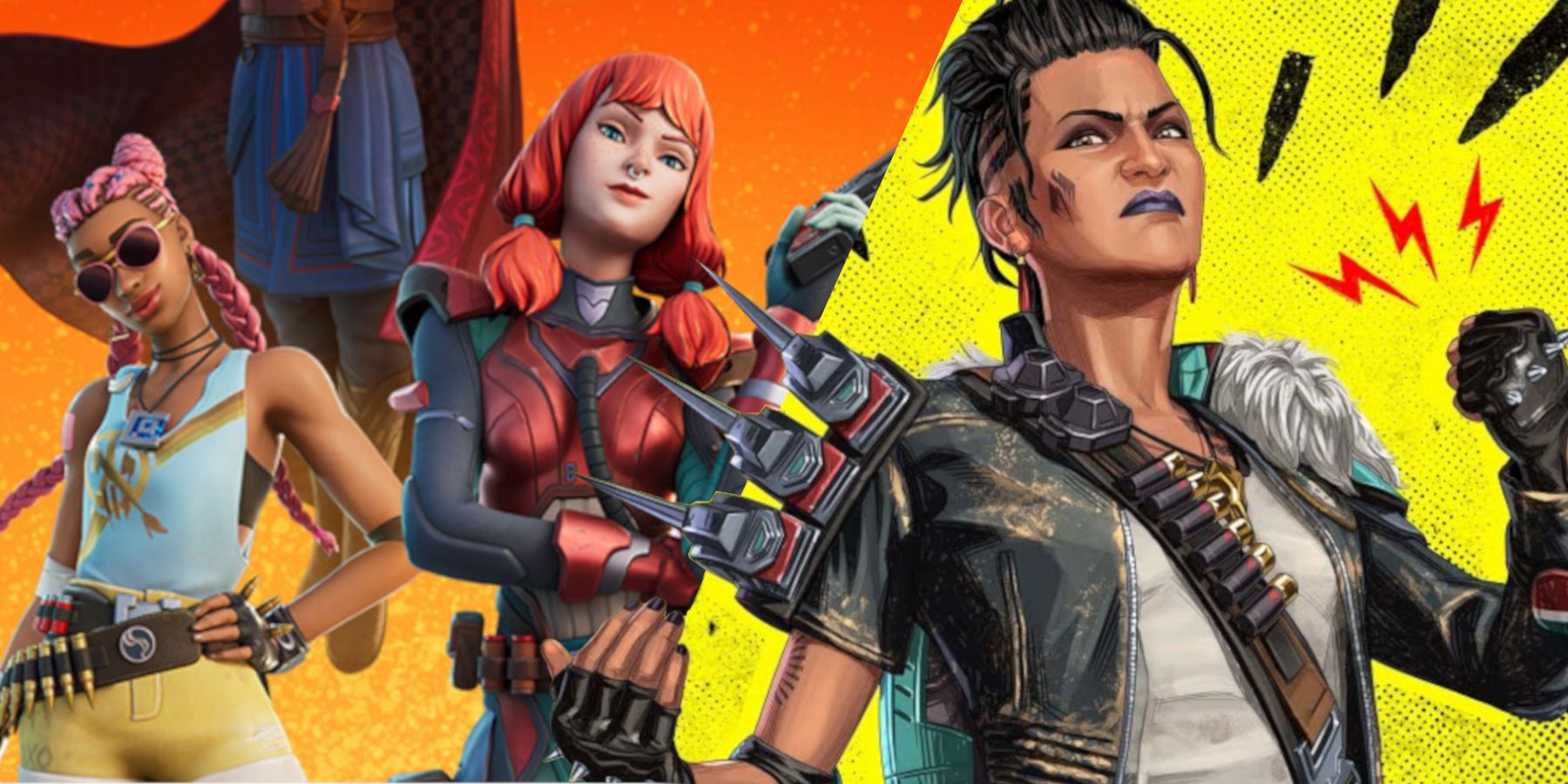Characters from Fortnite Chapter 3 Season 2 appear next to Mad Maggie from Season 12 of Apex Legends.