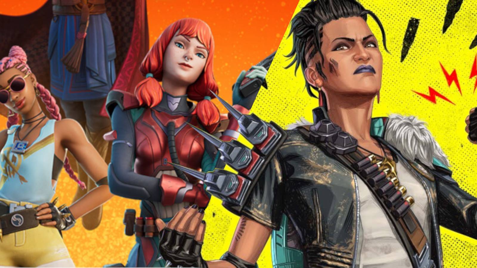 Characters from Fortnite Chapter 3 Season 2 appear next to Mad Maggie from Season 12 of Apex Legends.