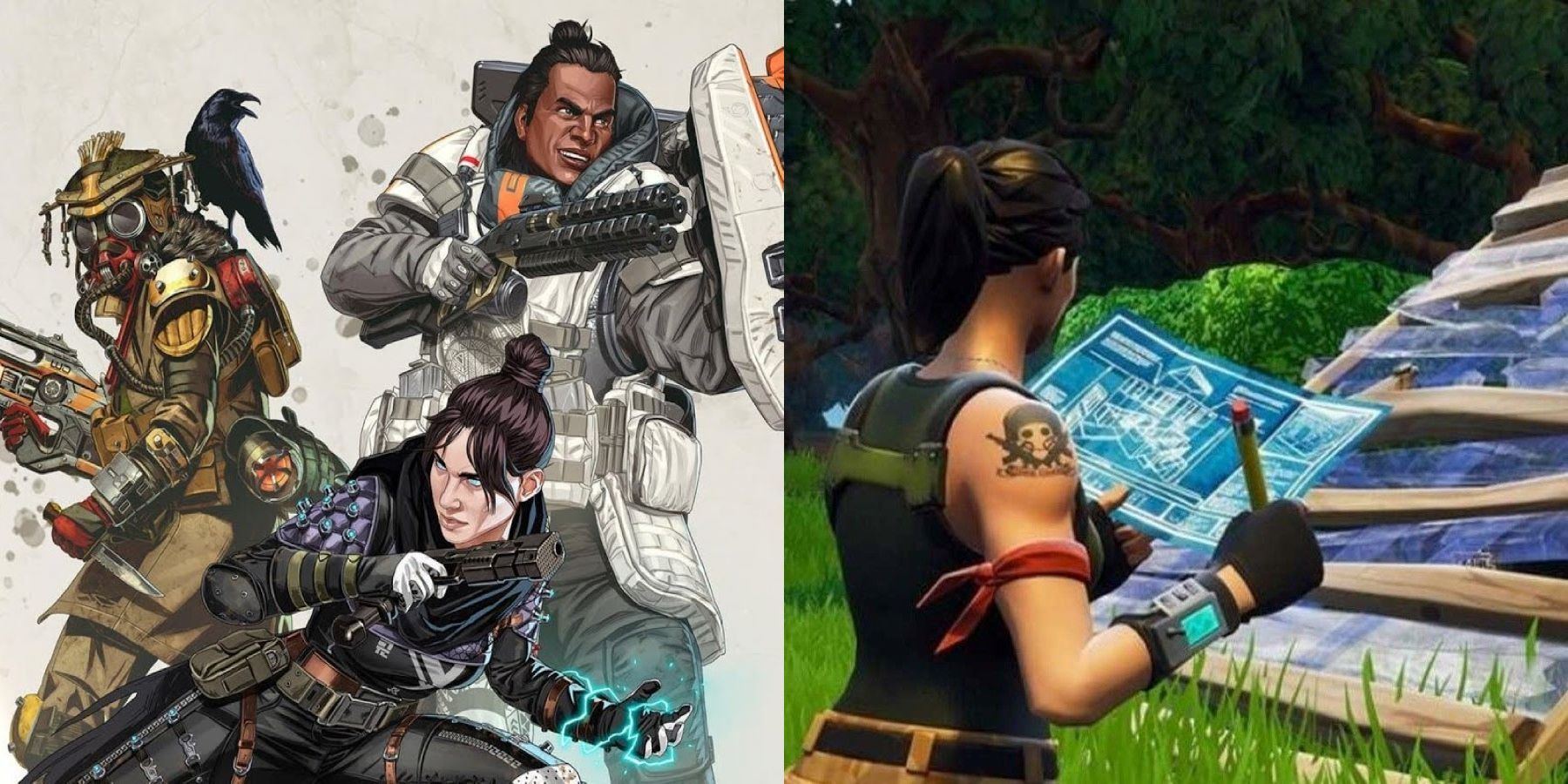 Bloodhound, Mirage, and Gibraltar from Apex Legends next to a Fortnite player building