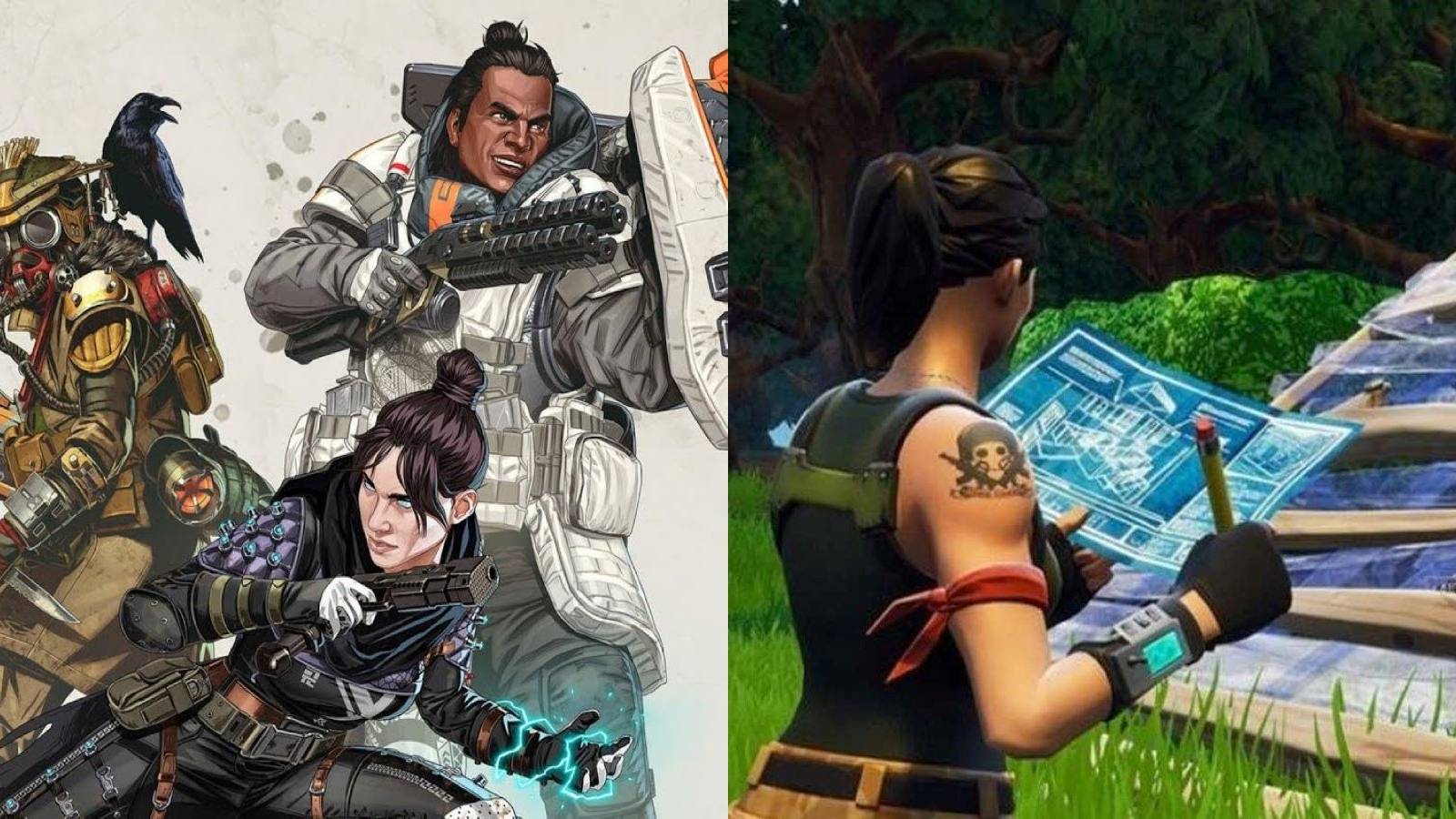 Bloodhound, Mirage, and Gibraltar from Apex Legends next to a Fortnite player building