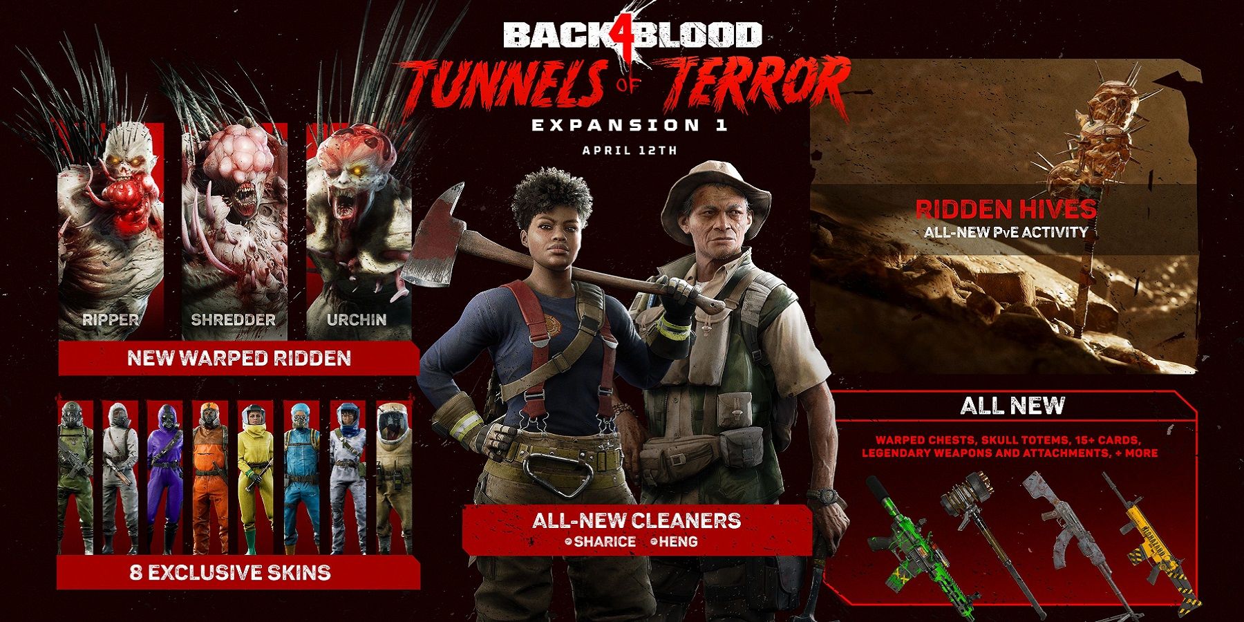 Image showing the upcoming Back 4 Blood DLC "Tunnels of Terorr," depicting two characters surrounded by game assets.