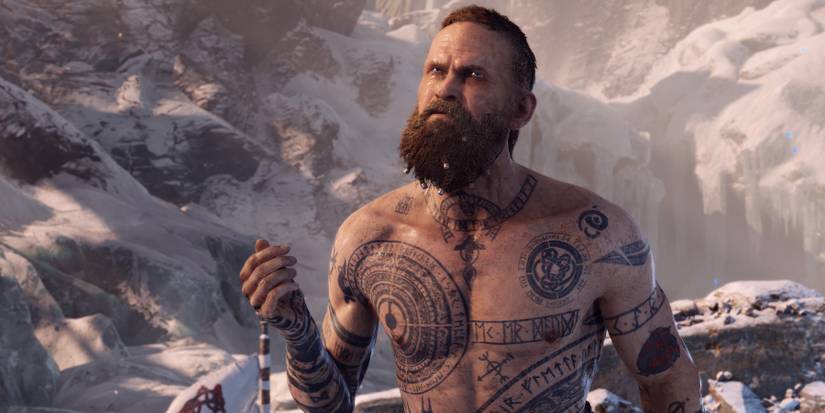 baldur looking ahead in snowy area in god of war 2016