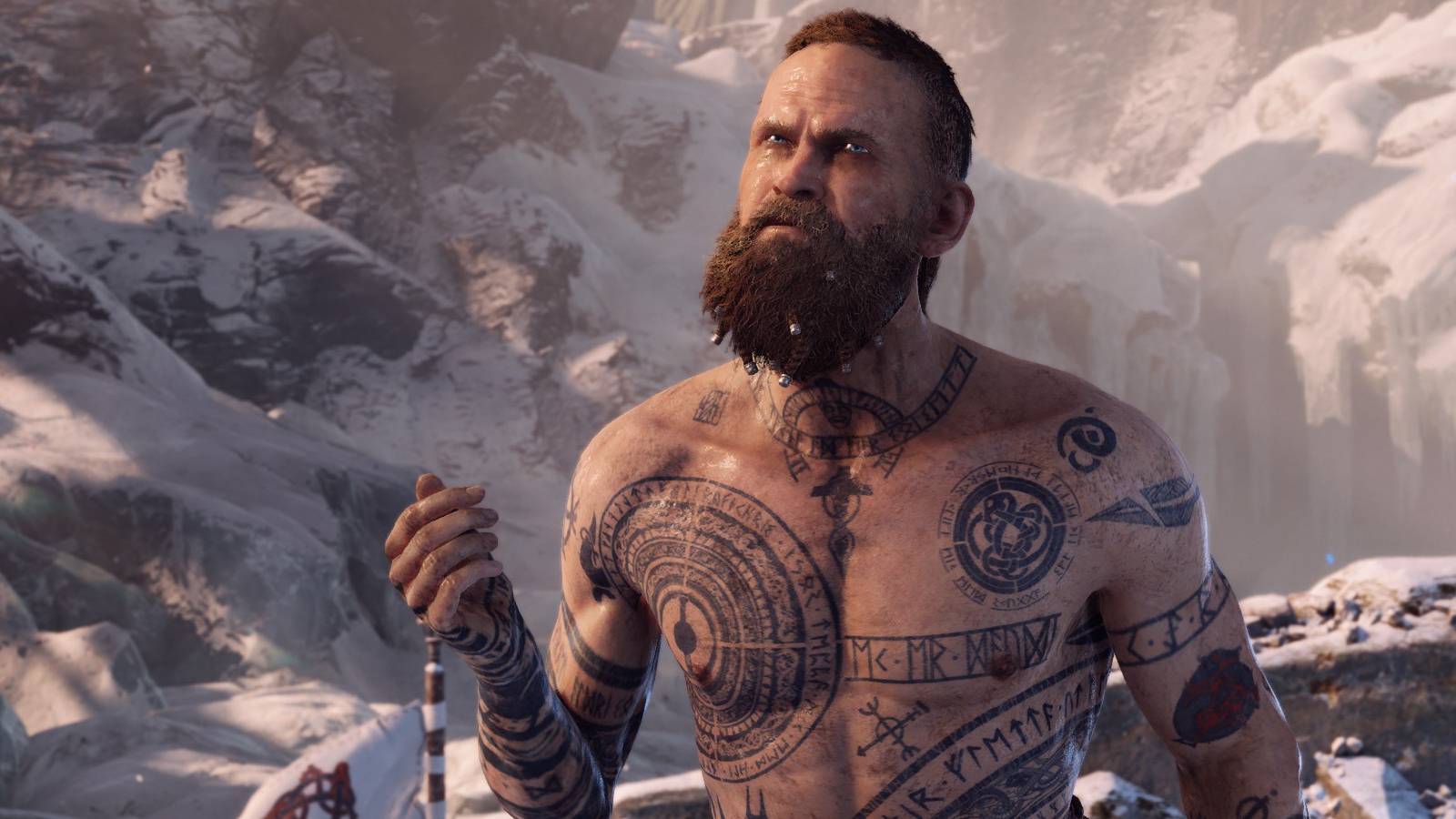 baldur looking ahead in snowy area in god of war 2016