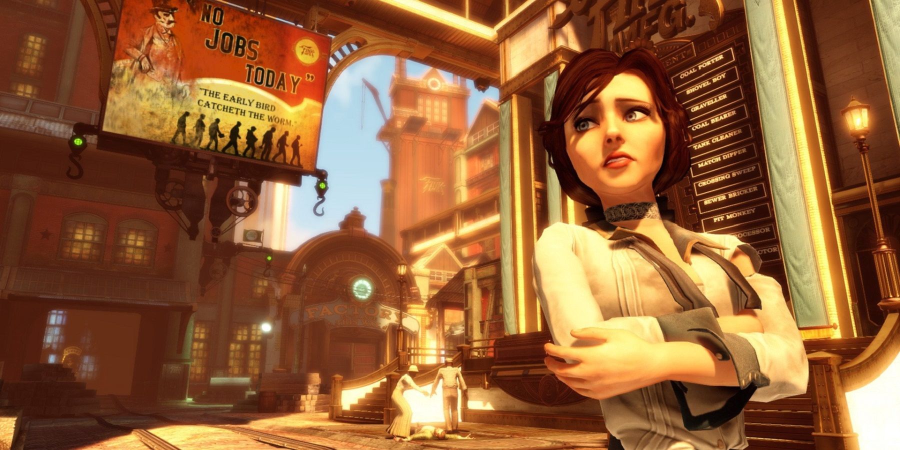 Screenshot from BioShock: Infinite showing Elizabeth close to a factory.
