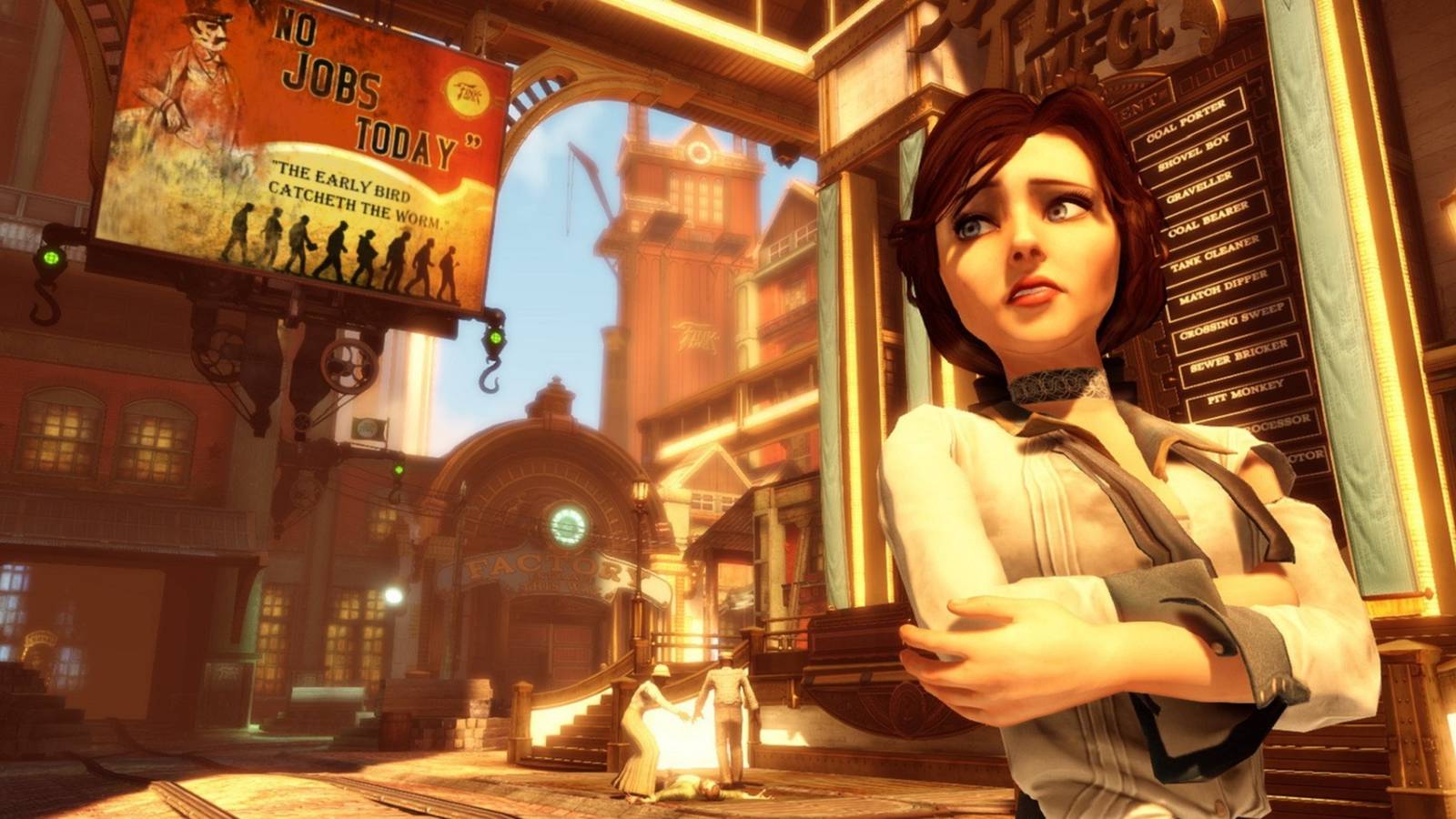 Screenshot from BioShock: Infinite showing Elizabeth close to a factory.