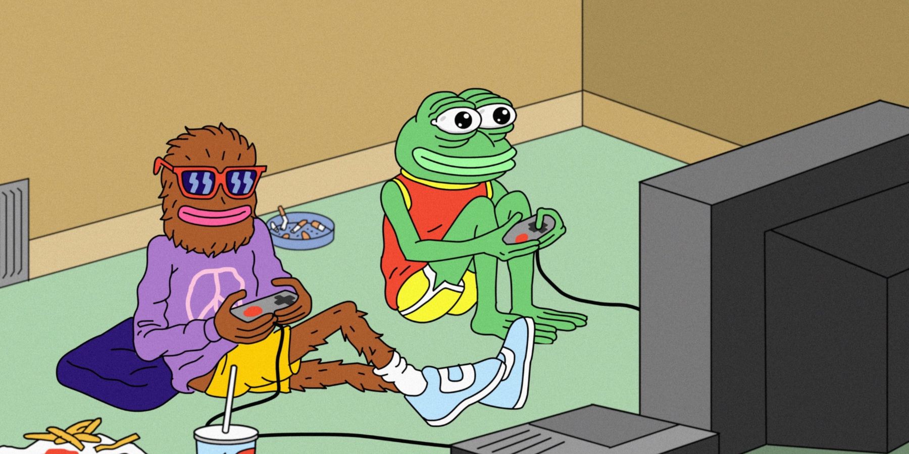Pepe and Landwolf, two characters from the online comic Boys Club, sit on the floor and play video games together.