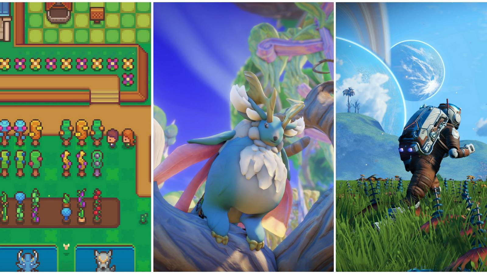 characters looking at trees in littlewood, fluffy friend in grow song of the evertree, spaceman running in no man's sky featured