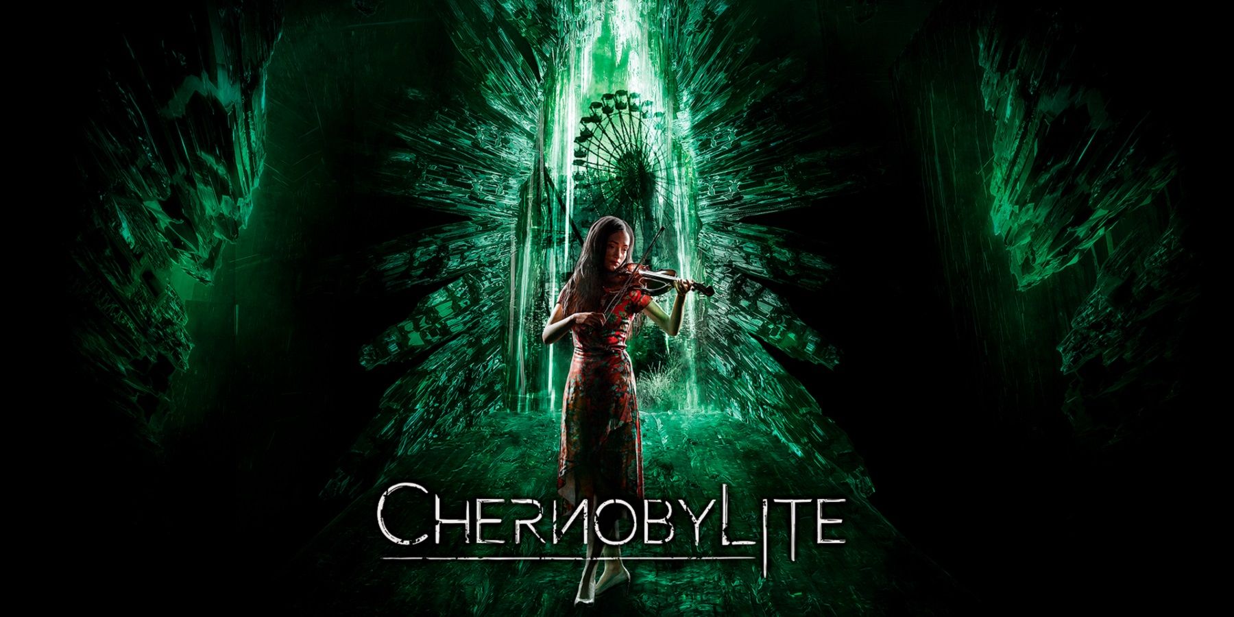 Image from Chernobylite showing a ghostly woman playing a violin in a neon green corridor.