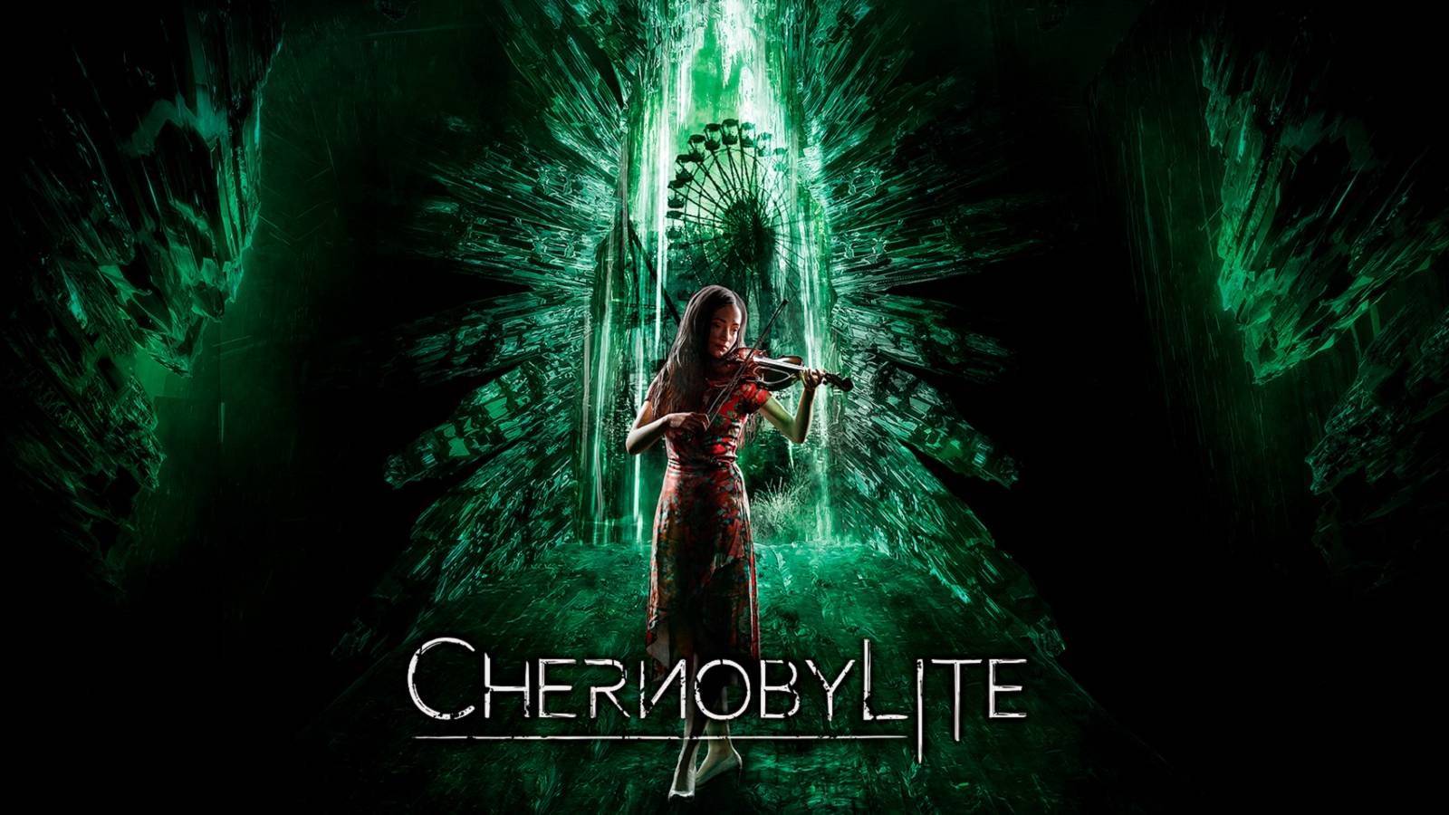 Image from Chernobylite showing a ghostly woman playing a violin in a neon green corridor.