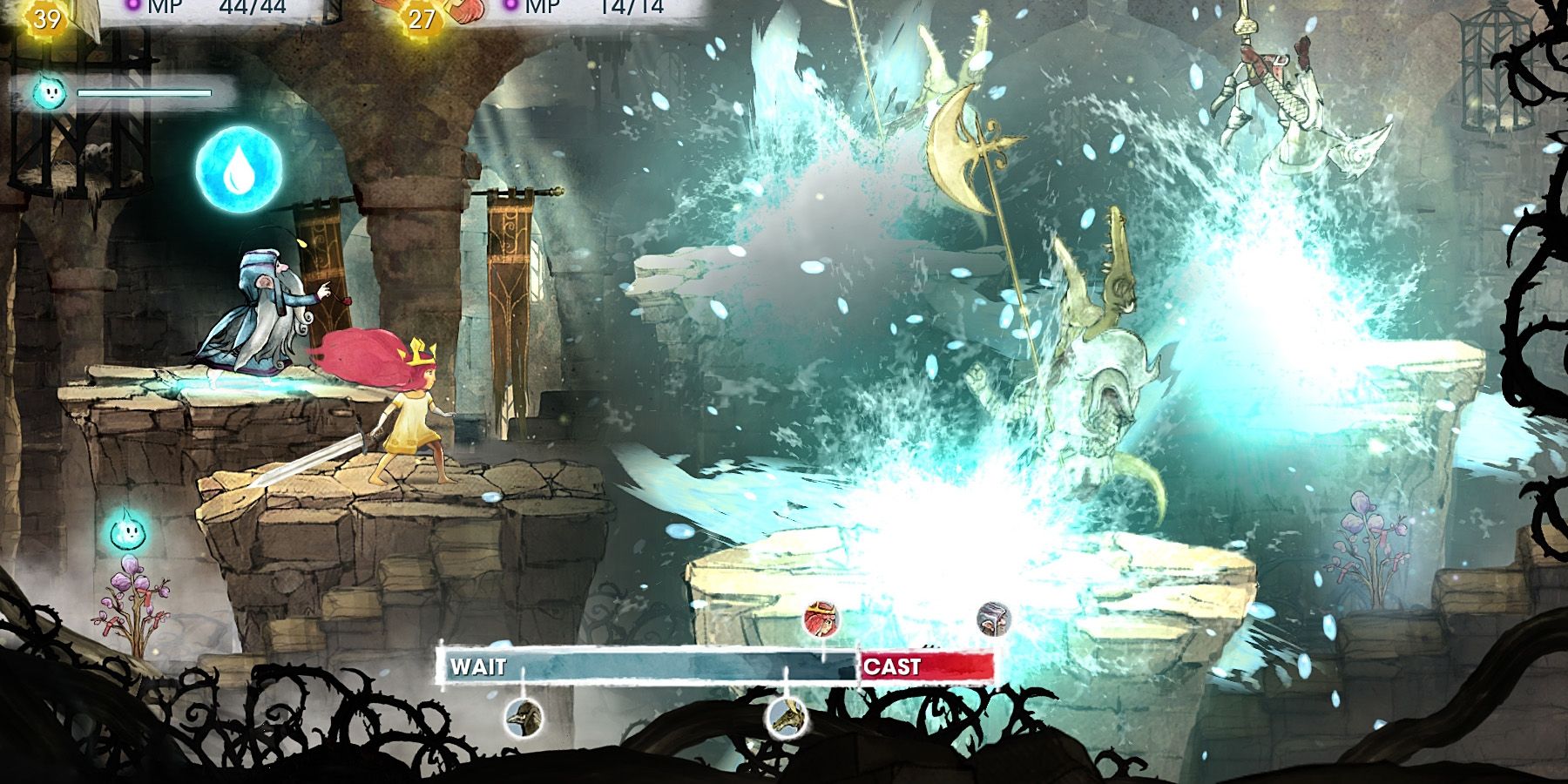 child of light gameplay combat featuring Aurora and baddies