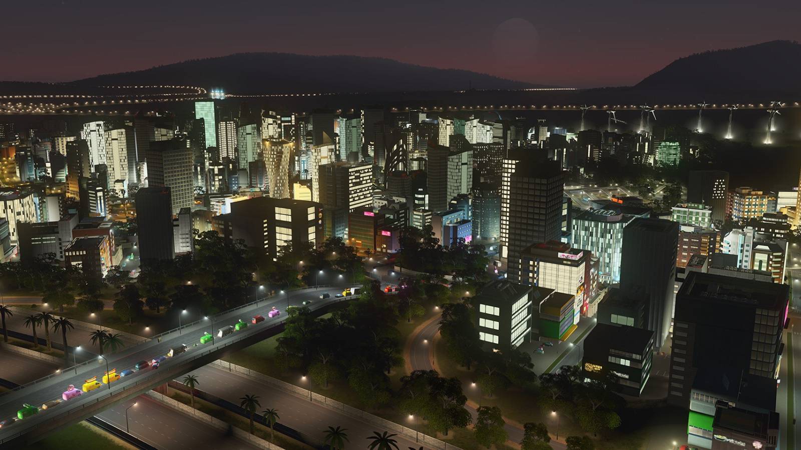 Cities: Skylines Raised Road in Night city
