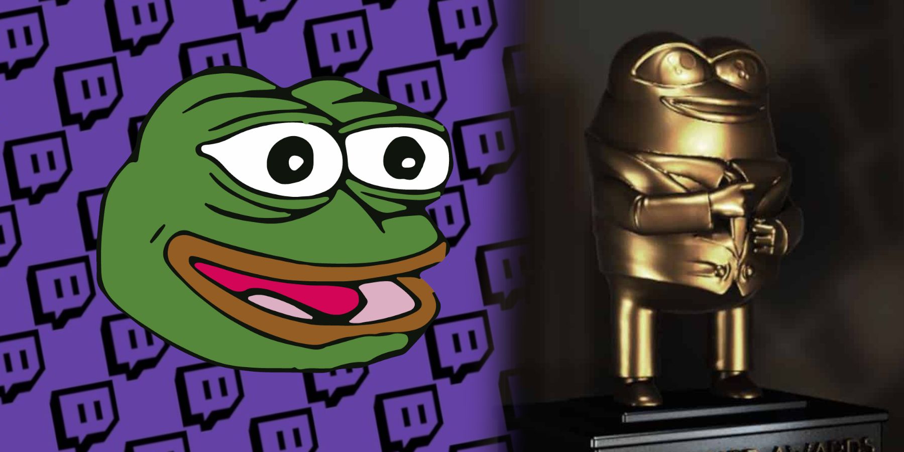 Pepe the frog appears left of The Streamer Awards trophy, which is itself a likeness of Pepe/Peepo.